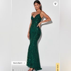Lulus PHOTO FINISH FOREST GREEN SEQUIN LACE-UP MAXI DRESS